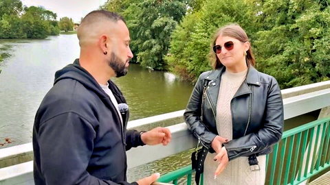 Miss Jane, 28yo from Paris, casual outdoor chat with buzzcut man