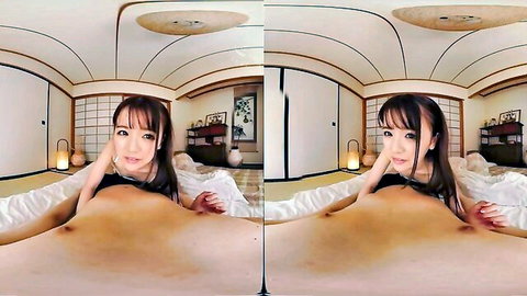 Charming Japanese teen in VR exposing breasts and shaved pussy