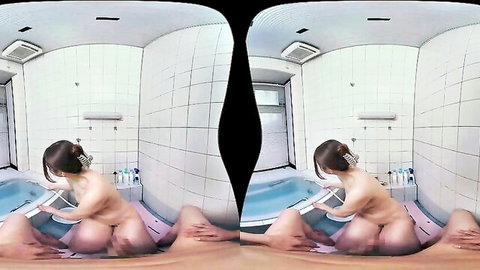 Naked Japanese babe spreads legs wide in bathtub exposing pussy and tits in VR POV