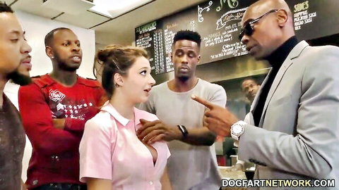Skinny fair waitress in pink top surrounded by black men for BBC gangbang in diner