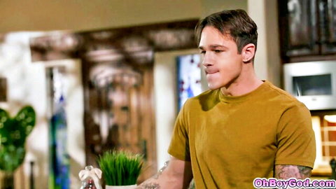 Handsome stepson in yellow tee, tattoos visible, from stepmom passionate sex scene