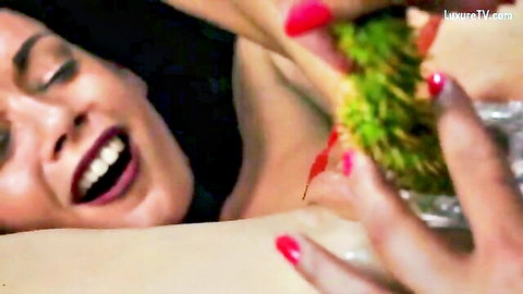 Amateur brunette in intense cactus plant fetish masturbation, smiling ecstatically