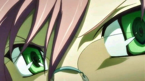 Close-up of pink-haired magical girl Isuka's intense green eyes in hentai anime style