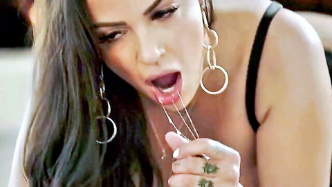 Brunette with long hair drooling thick saliva strings from wide open mouth after blowjob