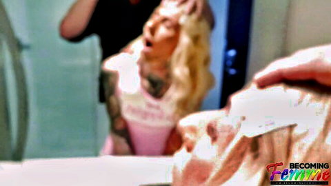 Tattooed blonde gives bearded man messy facial cumshot in bathroom mirror POV
