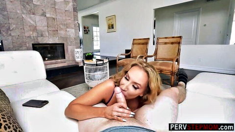 Richelle Ryan blonde MILF giving blowjob to stepson on couch