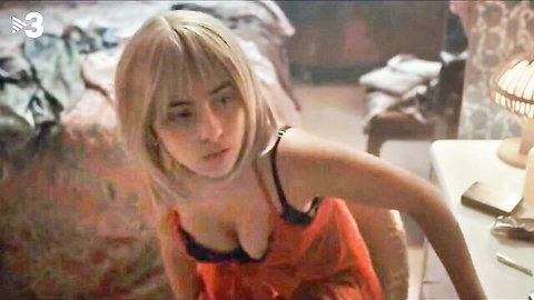 Maria Morera in black bra and orange lingerie, teasing cleavage in Cucut scene
