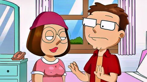 Lois Griffin in pink outfit with Peter Griffin in bedroom, Family Guy parody