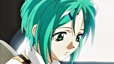 Cute teal-haired anime hentai girl with big green eyes and intense expression
