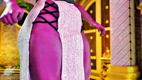 Purple hentai babe with massive bare tits bursting from torn white dress in grand hall