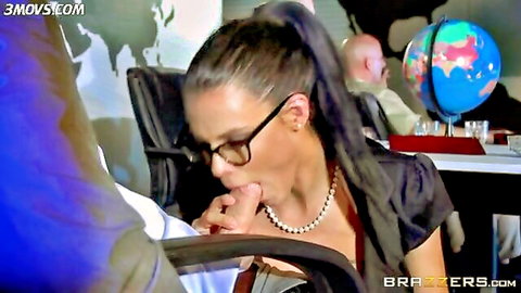 Peta Jensen gives messy under-table blowjob with glasses and ponytail