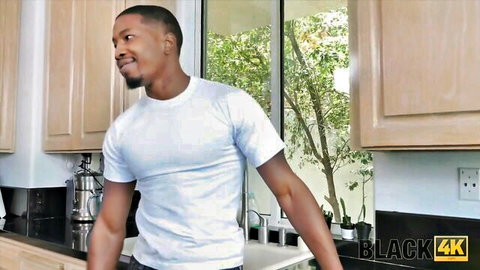 Handsome black stud in white tee teasing in kitchen for BLACK4K Valentine boredom buster