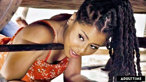 Kira Noir in orange dress, stuck and offering doggy style fuck from behind