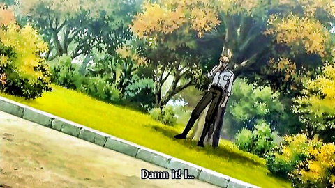 Anime military hunk in tight uniform stands frustrated on hill checking phone damn it