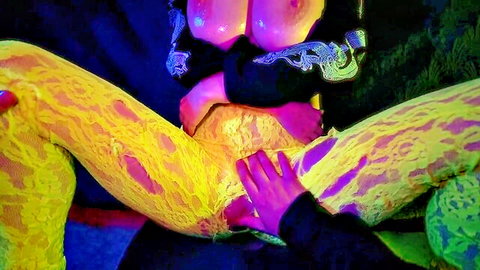 POV hand fingering wet shaved pussy while groping big bare tits in neon crotchless pants