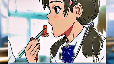 Anime schoolgirl in uniform teasing oral with chopsticks