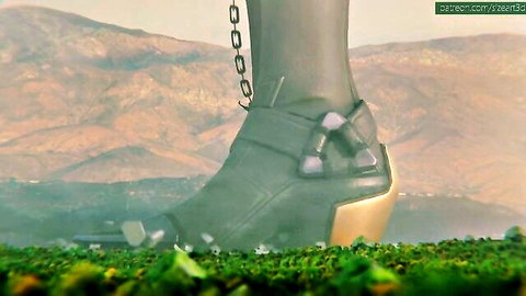 Giantess Ashe towering foot in boot crushing city landscape, fetish view