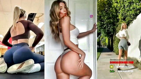 Blonde babe with big tits teases juicy ass in thong and pulled-down leggings squatting in gym