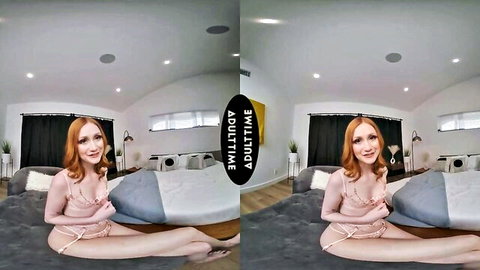 Scarlet Skies in pink lingerie, seductive redhead on bed for threesome