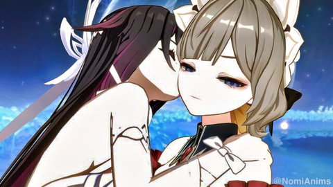 Anime characters Columbina and Sandrone in a passionate yuri kiss