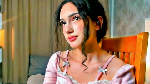 Sanoradunston in pink lace top, curly hair, seductive Chaturbate webcam tease