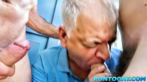 Mature dad sucking two youthful plump lads in gay oral threesome