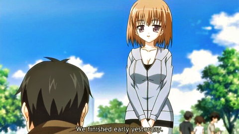 Busty anime teen with huge tits cleavage in open jacket talking to guy outdoors