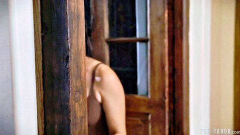 Coco Lovelock peeking nude from behind door in taboo threesome tease