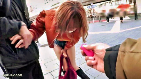 Redhead Asian bent over in public, skirt up exposing pussy, men with pink toy