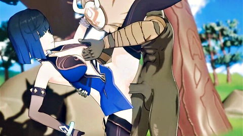 3D CGI blue-haired anime girl in skimpy cosplay gets tits groped by bandaged muscular beastman outdoors