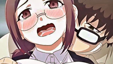 Hentai girl with glasses in ahegao ecstasy tears open mouth hugged groped by guy