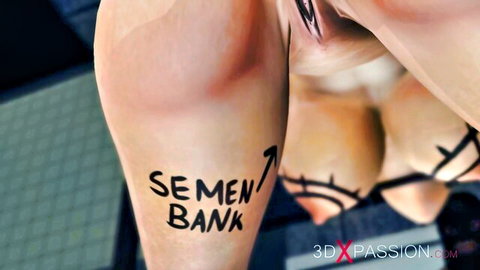 3D BDSM punk girl in cuffs with semen bank tattoo on thigh