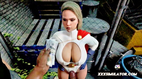Busty blonde Power Woman exposed in superhero suit, taking money in Atomic Heart hentai