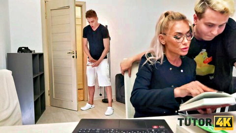 Blonde mature Malusha with two young guys in tutoring setup