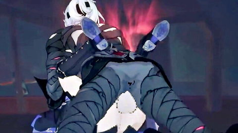 White-haired anime girls scissoring wet pussies in open black suits blue heels