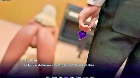 Suited man holds purple butt plug near bent-over blonde's exposed shaved pussy and asshole
