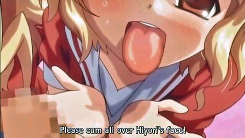 Blonde anime schoolgirl Hiyori sticks tongue out begging for facial cumshot