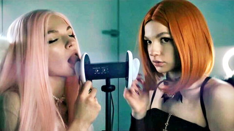 Soly ASMR twins as angel and demon seductively licking microphone in ASMR roleplay