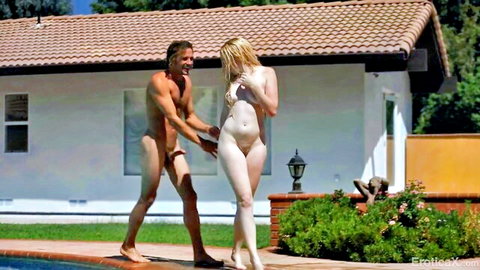 Nikki Sweet and Tyler Nixon nude outdoor embrace by pool