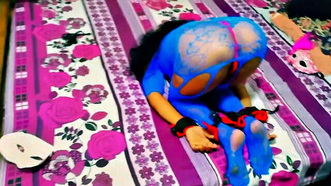 Bound brunette in sheer blue lace bodysuit exposes big ass and pussy in doggystyle BDSM pose on bed