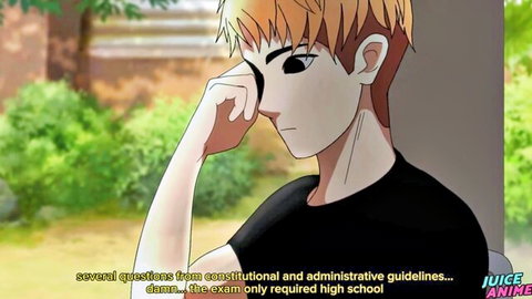 Pensive orange-haired anime twink hand on chin in black shirt outdoors