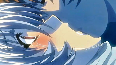 Closeup of blue-haired anime hentai girl's teary wide eye with blush and glossy lips