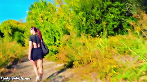 Jeny Smith in superhero costume, sexy outdoor walk in miniskirt and crop top