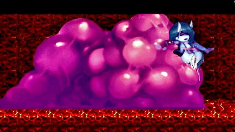 Anime fox girl lounging in purple goo cum pile, hentai defeat scene