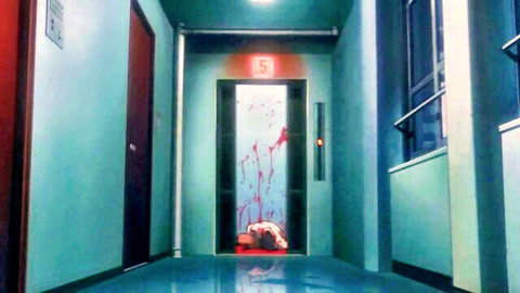 Bloody anime scene with woman collapsed in elevator hallway