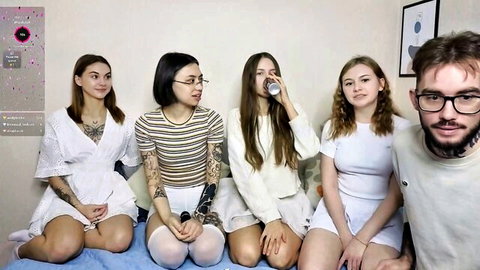 Mar7gan and skinny friends in white outfits, Chaturbate group webcam tease