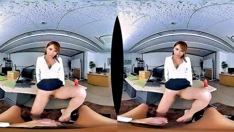 Charming Asian beauty in provocative VR office pose, legs spread on desk