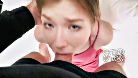 Gorgeous blonde teen in pink top gives horny POV blowjob close-up