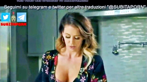 Busty MILF in floral dress cleaning kitchen, Italian subs porn preview