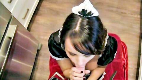 POV closeup of brunette maid in slutty outfit sucking cock in kitchen